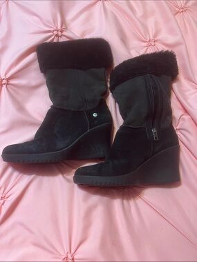 UGG Black Suede Wedge Boots with Faux Fur Cuff